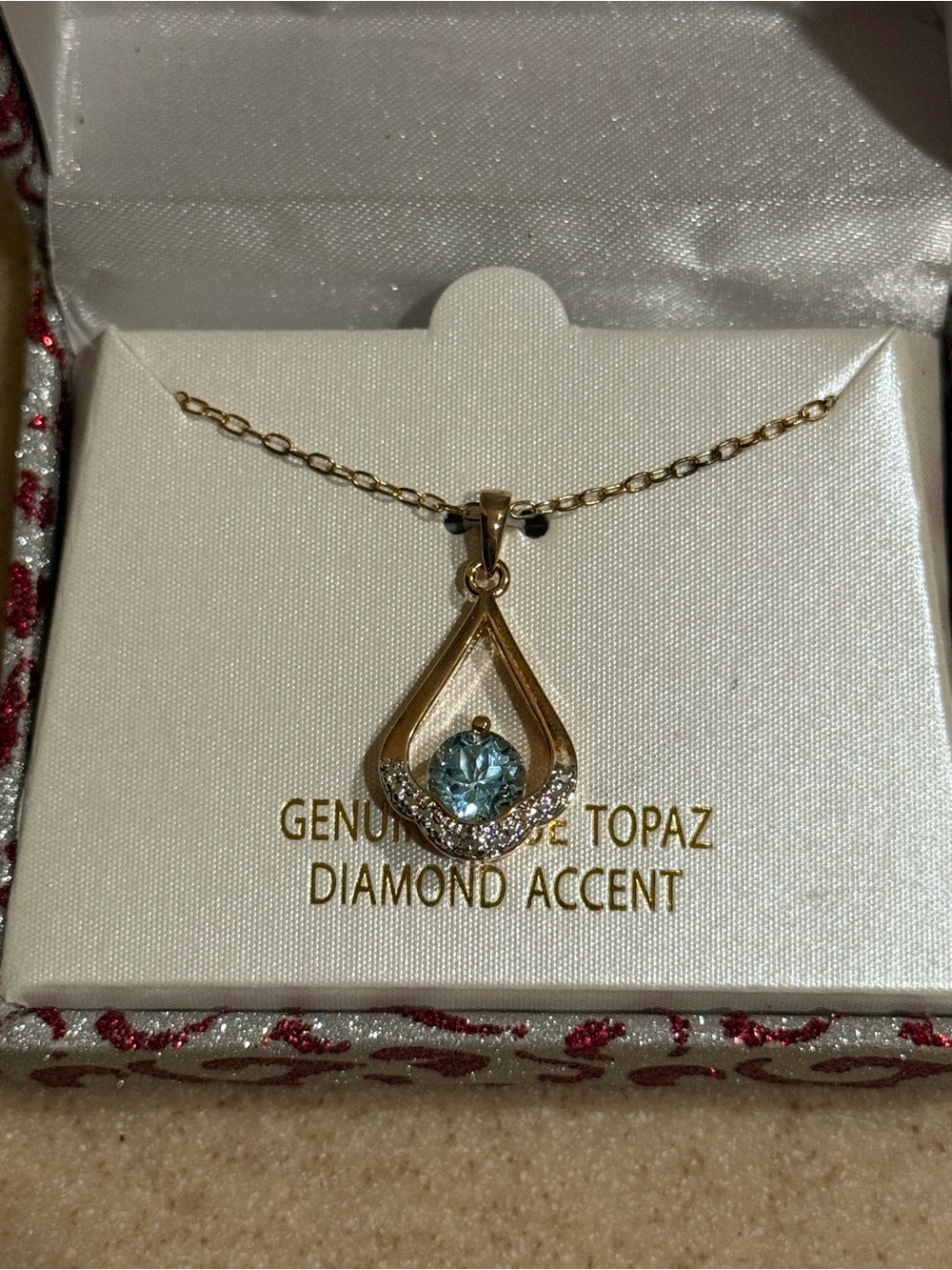 18K Gold Plated Genuine Blue Topaz & Diamond Necklace NWT Gift Box Included - Picture 7 of 8